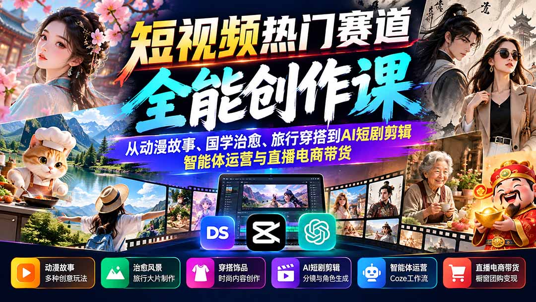短视频热门赛道全能创作课:从动漫故事、国学治愈、旅行穿搭到AI短剧剪辑、智能体运营与直播电商带货-阿灿学库
