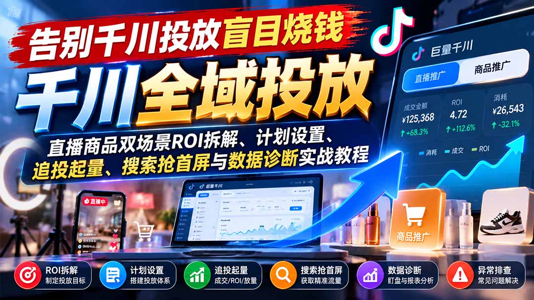告别千川投放盲目烧钱：直播商品双场景ROI拆解、计划设置、追投起量、搜索抢首屏与数据诊断实战教程-阿灿学库