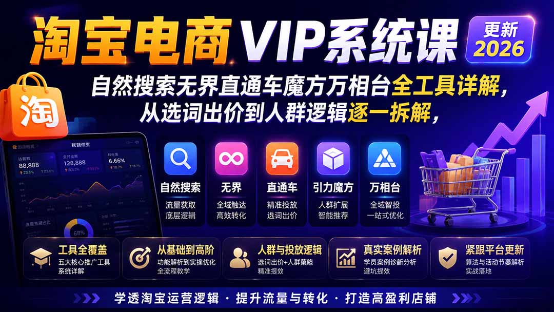 2026淘宝电商终局之战VIP课-更新1029:自然搜索+直通车+无界+精准人群,系统掌握测款动销与全店推广布局方法-红果网创