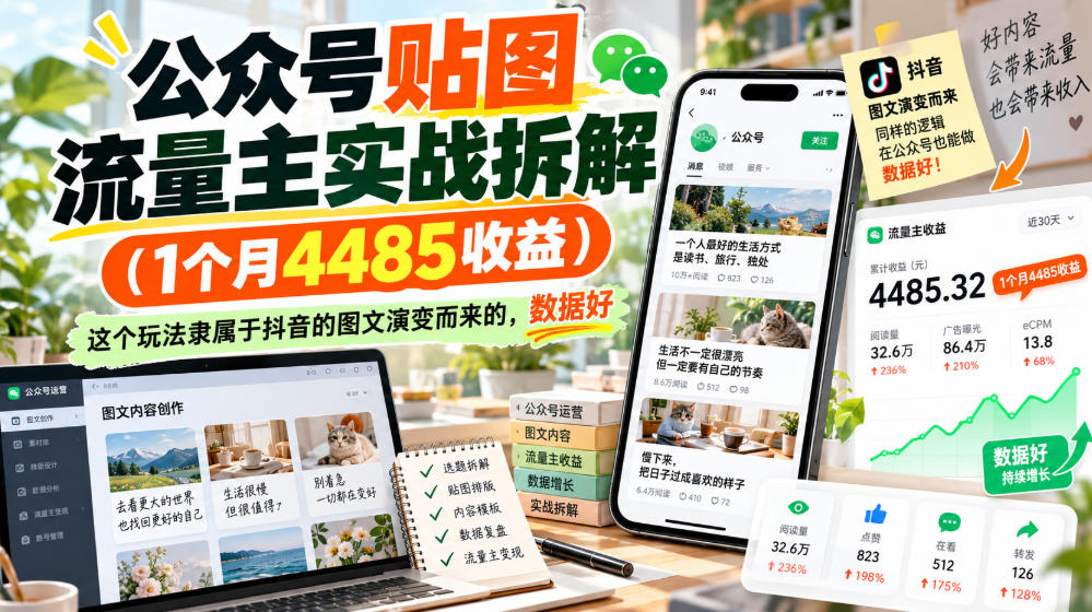 公众号贴图流量主实战拆解(1个月4485收益)，这个玩法隶属于抖音的图文演变而来的，数据好-阿灿学库