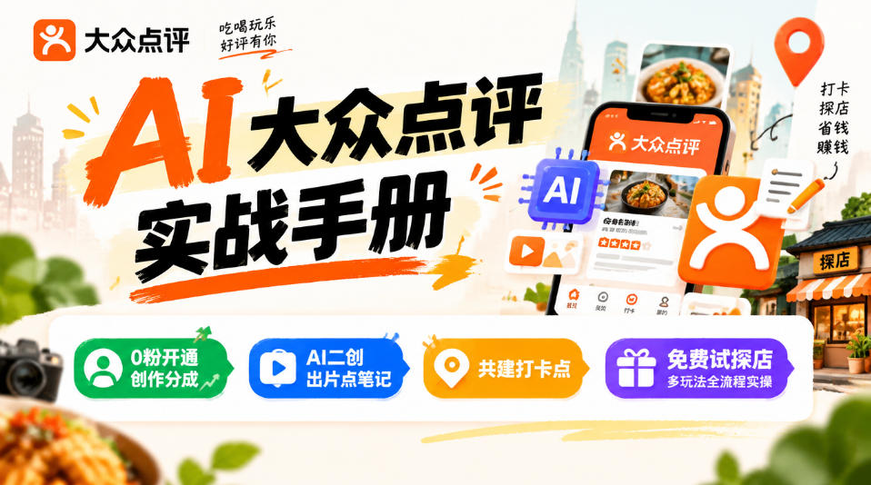 某局的AI大众点评实战手册,0粉开通创作分成、AI二创出片点笔记、共建打卡点、免费试探店多玩法全流程实操-阿灿学库