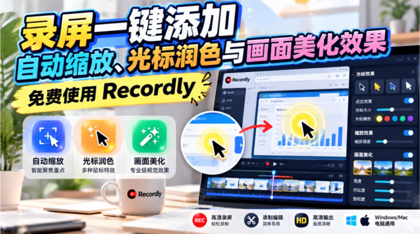 录屏一键添加自动缩放、光标润色与画面美化效果,免费使用Recordly-阿灿学库