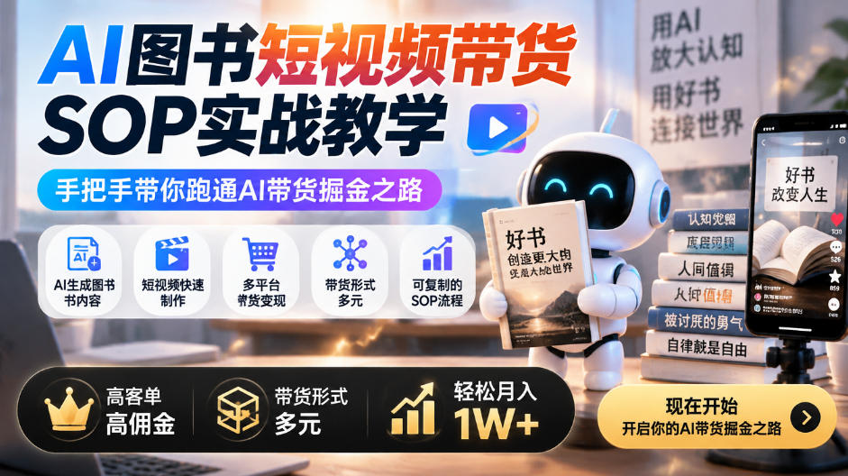 AI图书短视频带货SOP实战教学,手把手带你跑通AI带货掘金之路,高客单高佣金,带货形式多元,轻松月入1W+-阿灿学库
