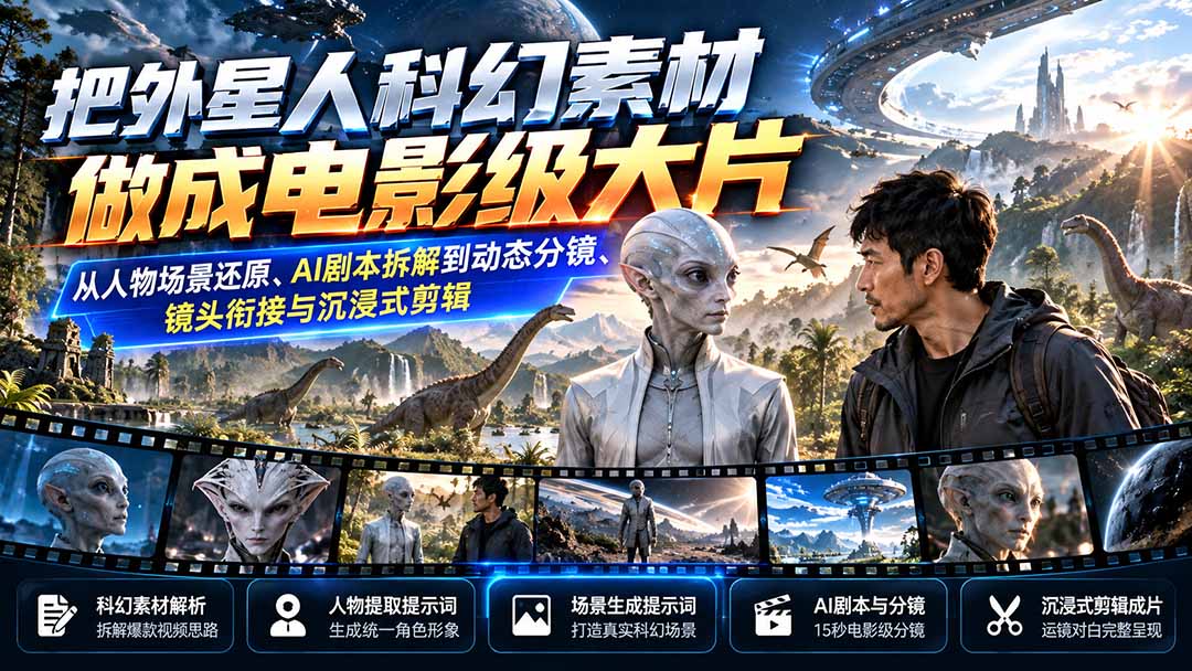 把外星人科幻素材做成电影级大片:从人物场景还原、AI剧本拆解到动态分镜、镜头衔接与沉浸式剪辑-阿灿学库