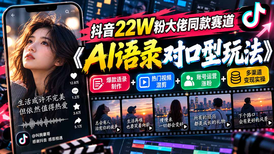 抖音22W粉大佬同款赛道《AI语录对口型玩法》：爆款语录制作+热门视频混剪+账号运营涨粉+多渠道变现实操-阿灿学库