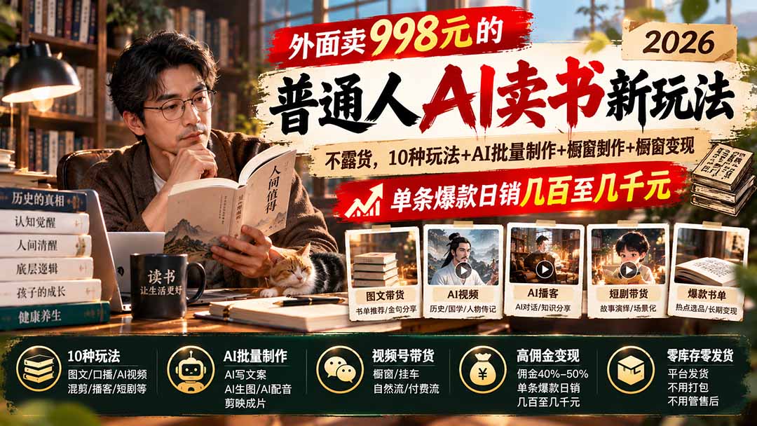 外面卖998元的2026普通人AI卖书新玩法：不露脸、不囤货，10种玩法+AI批量制作+橱窗变现，单条爆款日销几百至几千元-阿灿学库