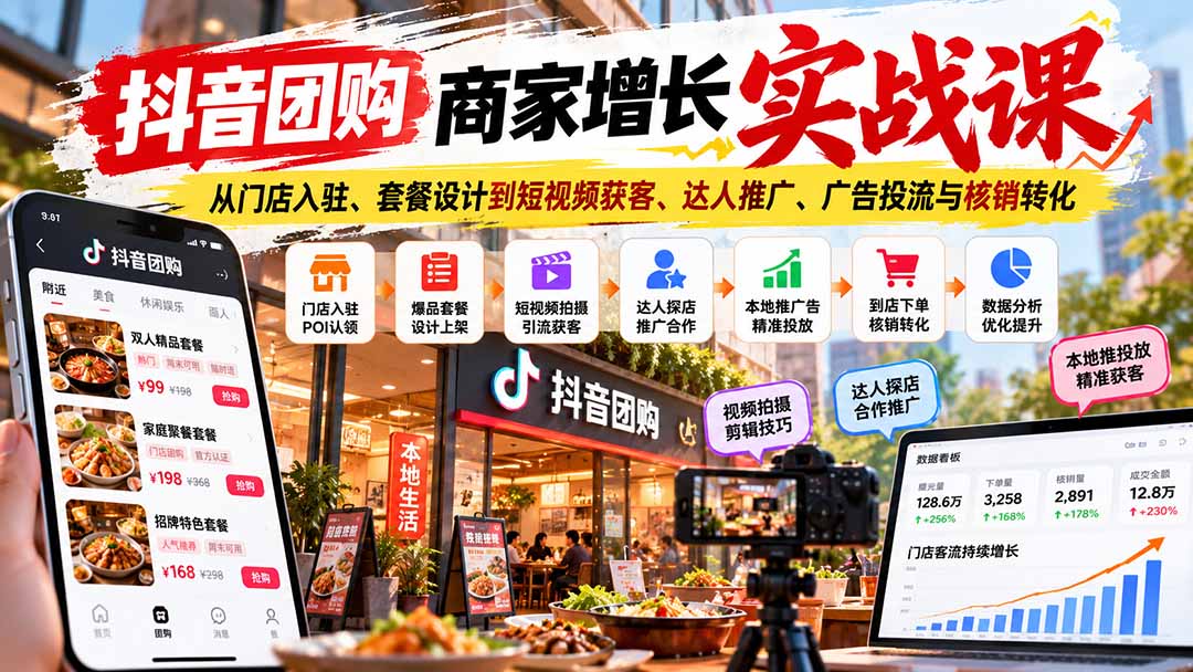 抖音团购商家增长实战课：从门店入驻、套餐设计到短视频获客、达人推广、广告投流与核销转化-阿灿学库