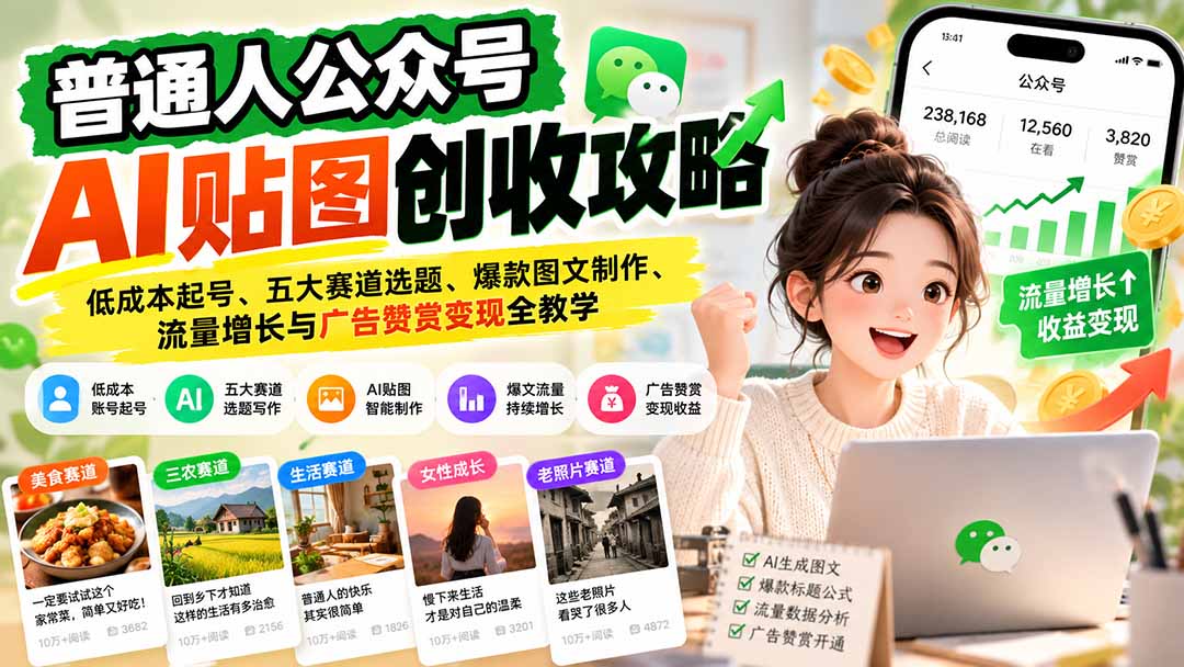 普通人公众号AI贴图创收攻略：低成本起号、五大赛道选题、爆款图文制作、流量增长与广告赞赏变现全教学-阿灿学库
