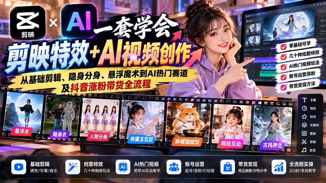 一套学会剪映特效+AI视频创作：从基础剪辑、隐身分身、悬浮魔术到AI热门赛道及抖音涨粉带货全流程-阿灿学库