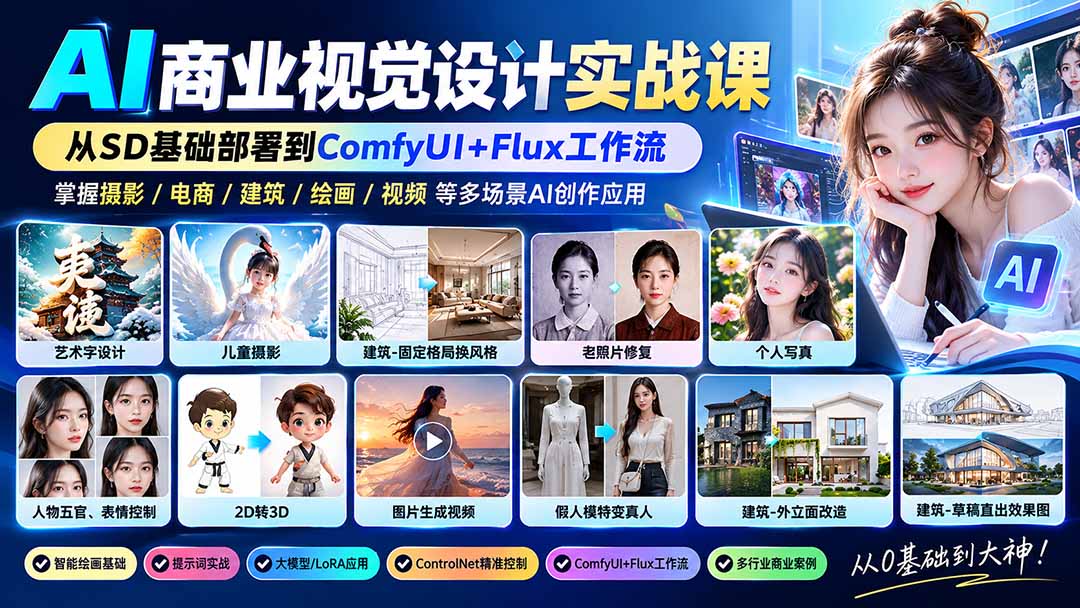 【无水印】AI商业视觉设计实战课:从SD基础部署到ComfyUI+Flux工作流,掌握摄影电商建筑AI创作-阿灿学库
