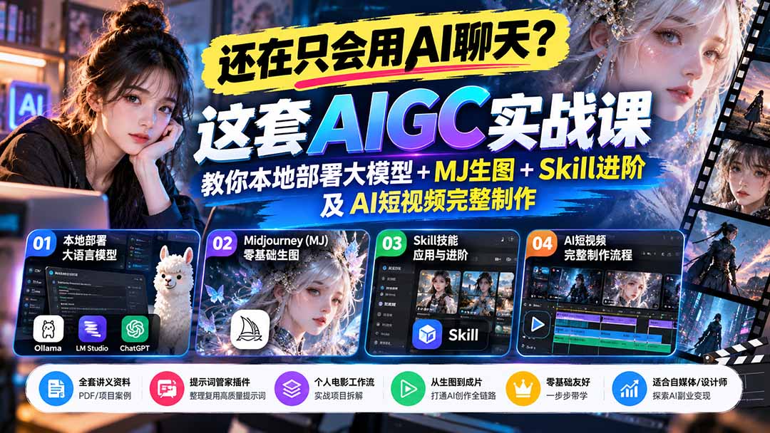 还在只会用AI聊天？这套AIGC实战课教你本地部署大模型+MJ生图+Skill进阶及AI短视频完整制作-红果网创