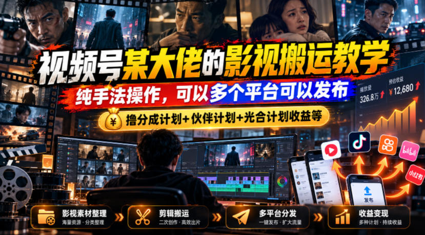 视频号某大佬的影视搬运教学，纯手法操作，可以多个平台可以发布，撸分成计划+伙伴计划+光合计划收益等-阿灿学库