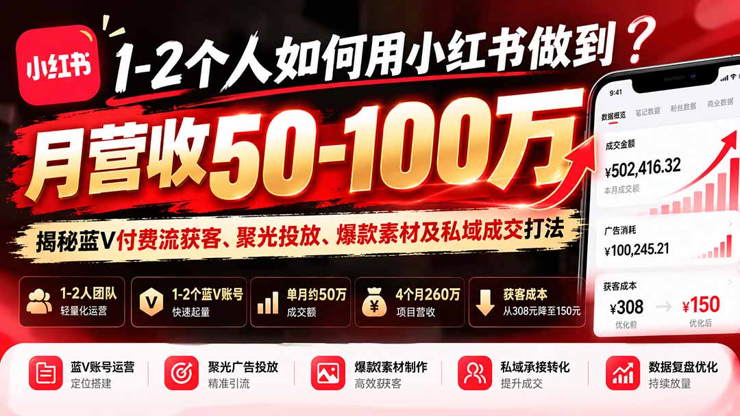1-2个人如何用小红书做到月营收50-100万?揭秘蓝V付费流获客、聚光投放、爆款素材及私域成交打法-阿灿学库