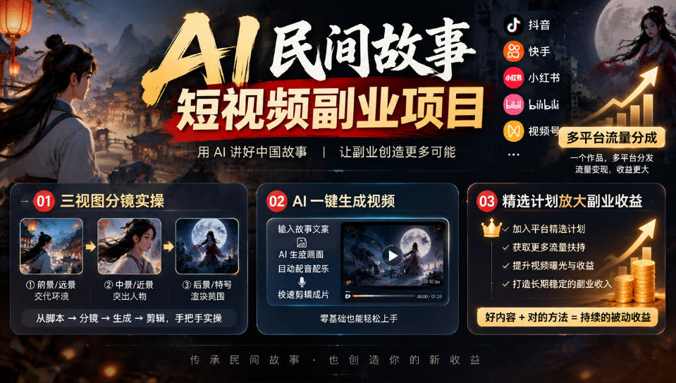 AI民间故事短视频副业项目，多平台流量分成，三视图分镜实操，精选计划放大副业收益-阿灿学库