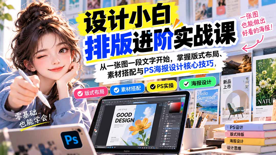 设计小白排版进阶实战课:从一张图一段文字开始,掌握版式布局、素材搭配与PS海报设计核心技巧-阿灿学库