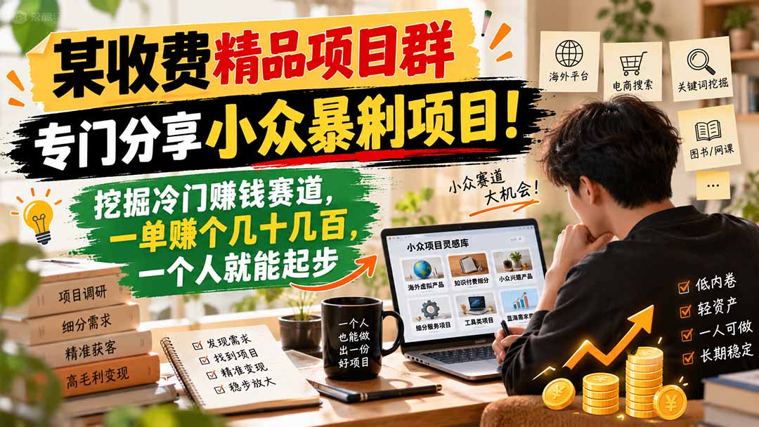 某收费精品项目群，专门分享小众暴俐项目！挖掘冷门赚钱赛道，一单赚个几十几百，一个人就能起步-红果网创