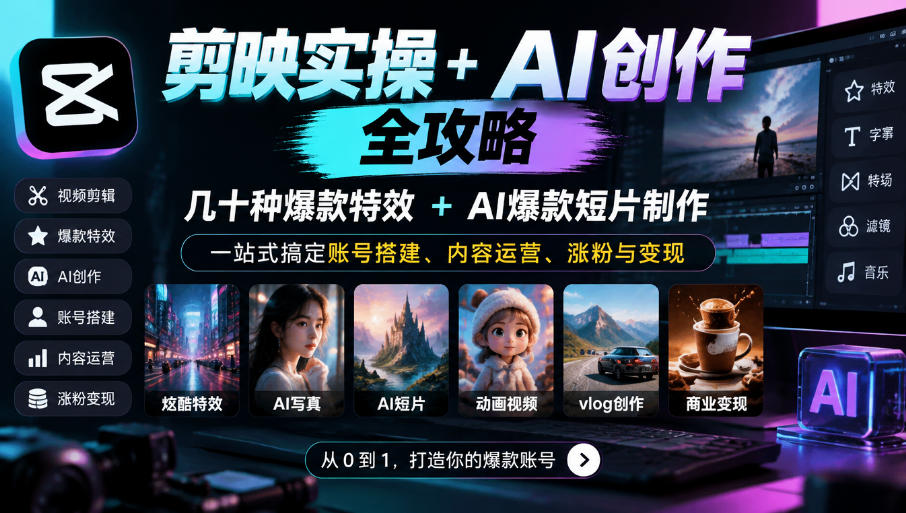剪映实操+AI创作全攻略｜几十种爆款特效+AI爆款短片制作，一站式搞定账号搭建、内容运营、涨粉与变现-阿灿学库