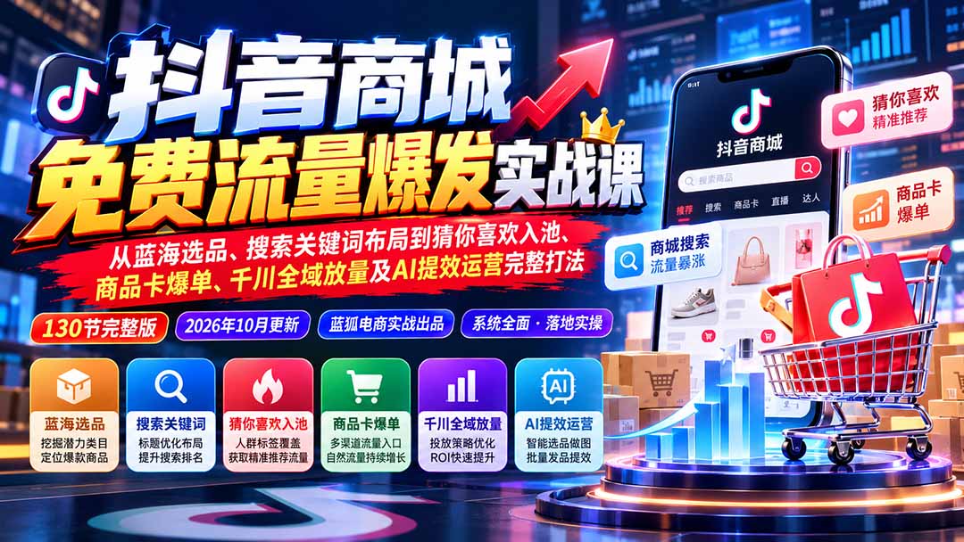 抖音商城免费流量爆发实战：从蓝海选品、搜索关键词布局到猜你喜欢入池、商品卡爆单、千川全域放量及AI提效完整打法-阿灿学库