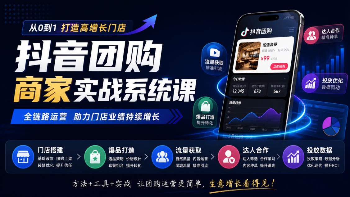 抖音团购商家实战系统课|门店搭建、爆品打造、流量获取、达人合作、投放数据全链路运营-阿灿学库