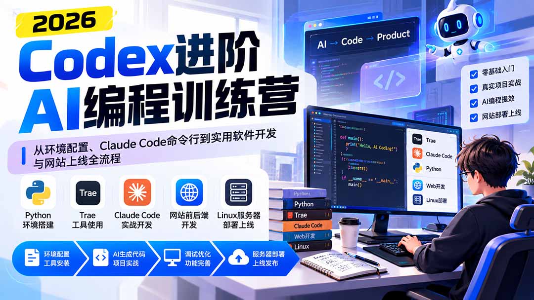 Codex进阶AI编程训练营：从环境配置、Claude Code命令行到实用软件开发与网站上线全流程-阿灿学库