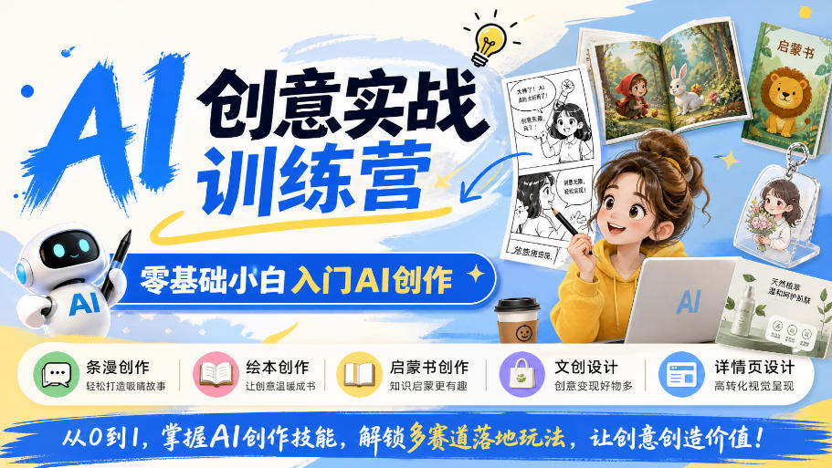 AI创意实战训练营,零基础小白入门AI创作,解锁条漫、绘本、启蒙书、文创、详情页多赛道落地玩法-阿灿学库