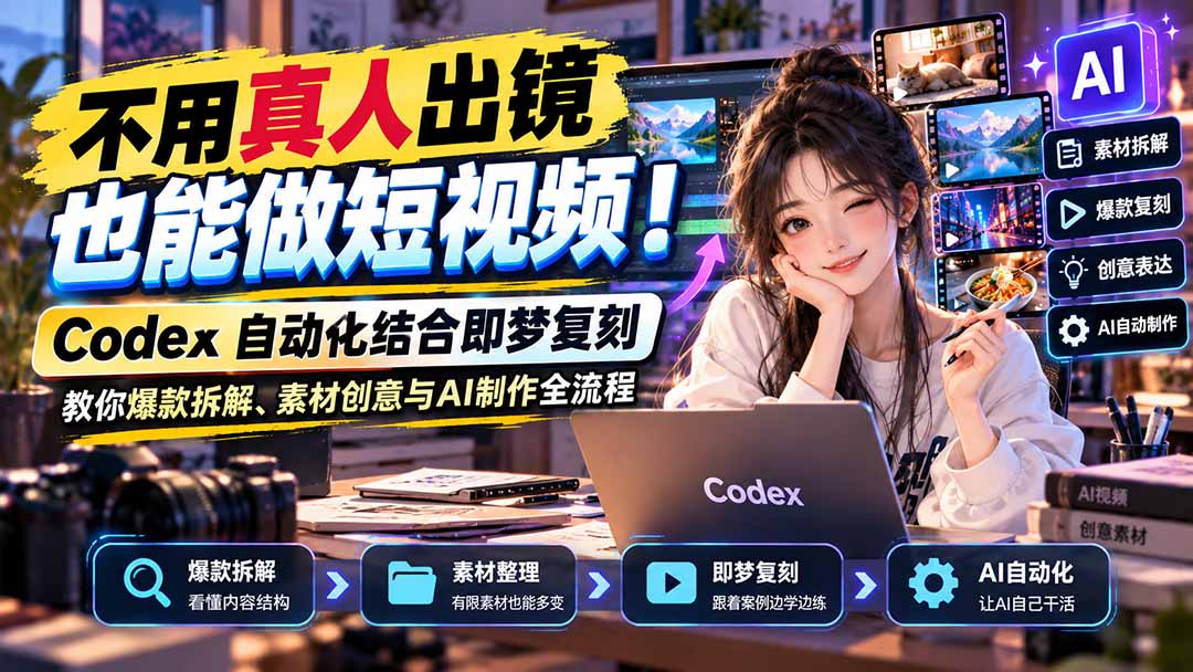 不用真人出镜也能做短视频！Codex自动化结合即梦复刻，教你爆款拆解、素材创意与AI制作全流程-阿灿学库