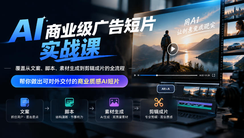 AI商业级广告短片实战课,覆盖从文案、脚本、素材生成到剪辑成片的全流程,帮你做出可对外交付的商业质感AI短片-阿灿学库