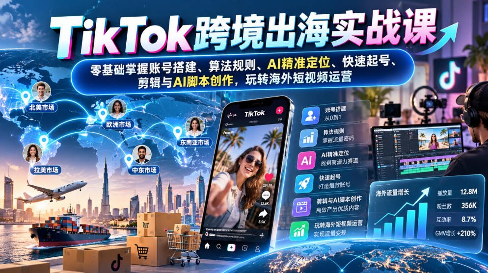 TikTok跨境出海实战课：零基础掌握账号搭建、算法规则、AI精准定位、快速起号、剪辑与AI脚本创作，玩转海外短视频运营-红果网创