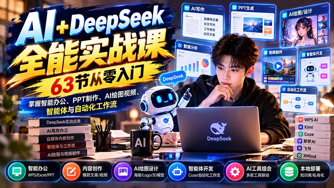 AI+DeepSeek全能实战课：63节从零入门，掌握智能办公、PPT制作、AI绘图视频、智能体与自动化工作流-红果网创