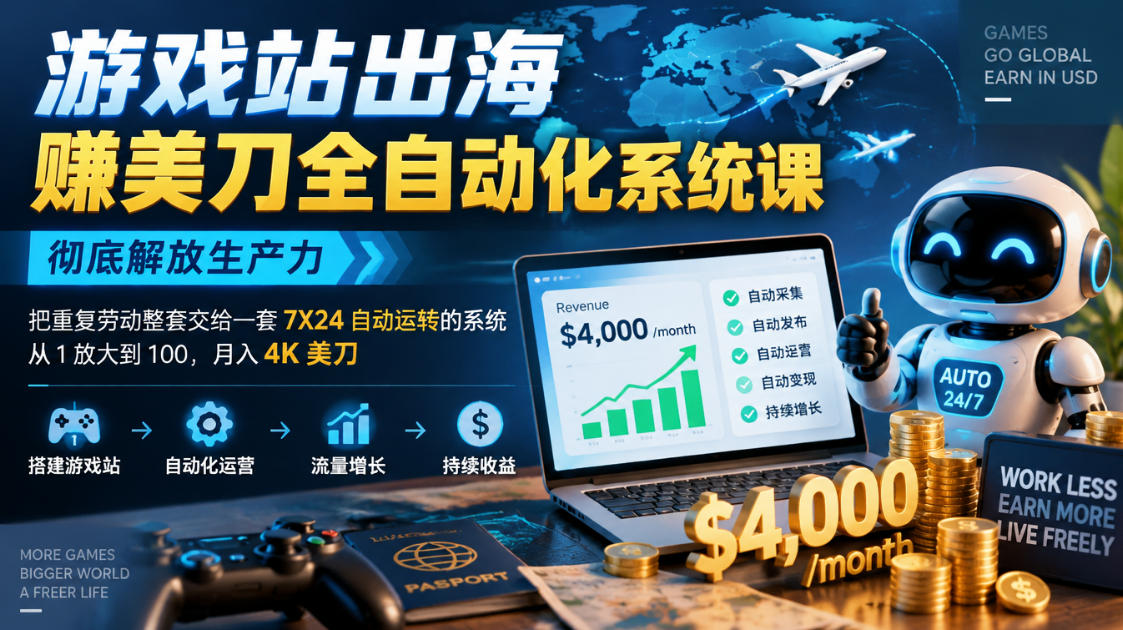 游戏站出海賺美刀全自动化系统课，彻底解放生产力–把重复劳动整套交给一套7X24自动运转的系统，从1放大到100，月入4K美刀-阿灿学库