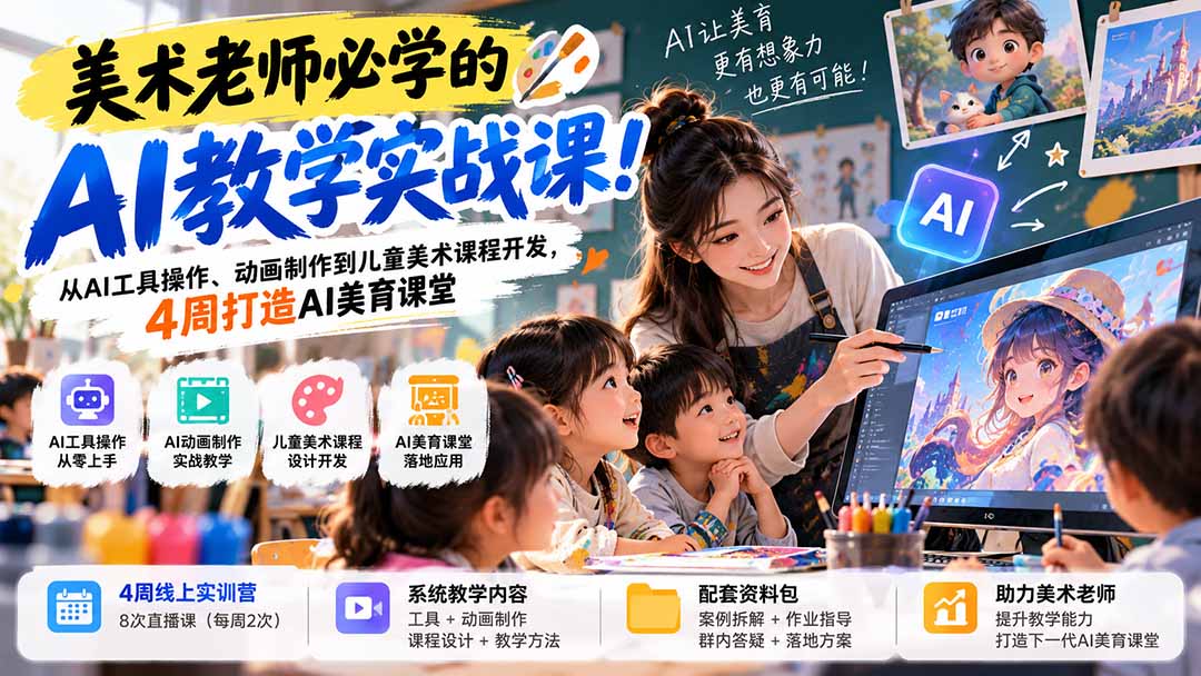 美术老师必学的AI教学实战课！从AI工具操作、动画制作到儿童美术课程开发，4周打造AI美育课堂-红果网创