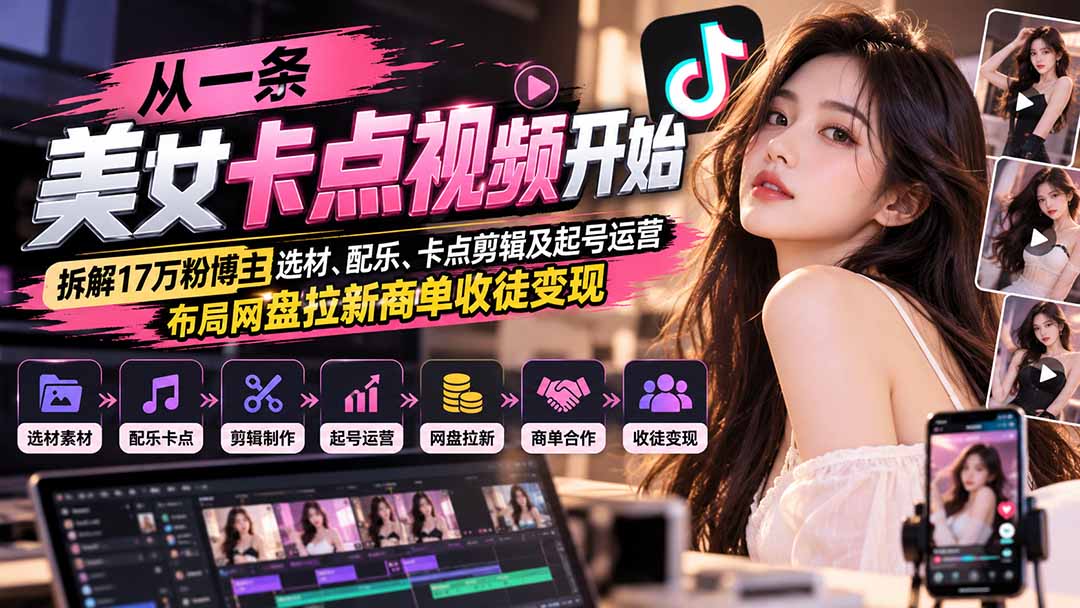 从一条美女卡点视频开始：拆解17万粉博主选材、配乐、卡点剪辑及起号运营，布局网盘拉新商单收徒变现-红果网创