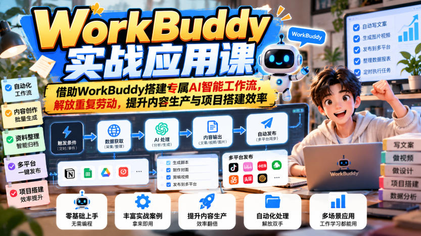 WorkBuddy实战应用课，借助WorkBuddy搭建专属AI智能工作流，解放重复劳动，提升内容生产与项目搭建效率-阿灿学库