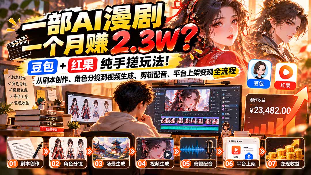 一部AI漫剧一个月赚2.3W？豆包+红果纯手搓玩法！从剧本创作、角色分镜到视频生成、剪辑配音、平台上架变现全流程-阿灿学库