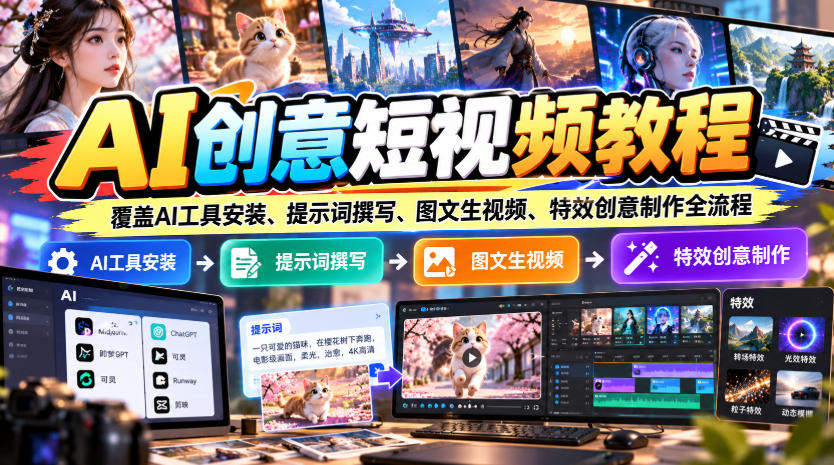 AI创意短视频教程，覆盖AI工具安装、提示词撰写、图文生视频、特效创意制作全流程-阿灿学库