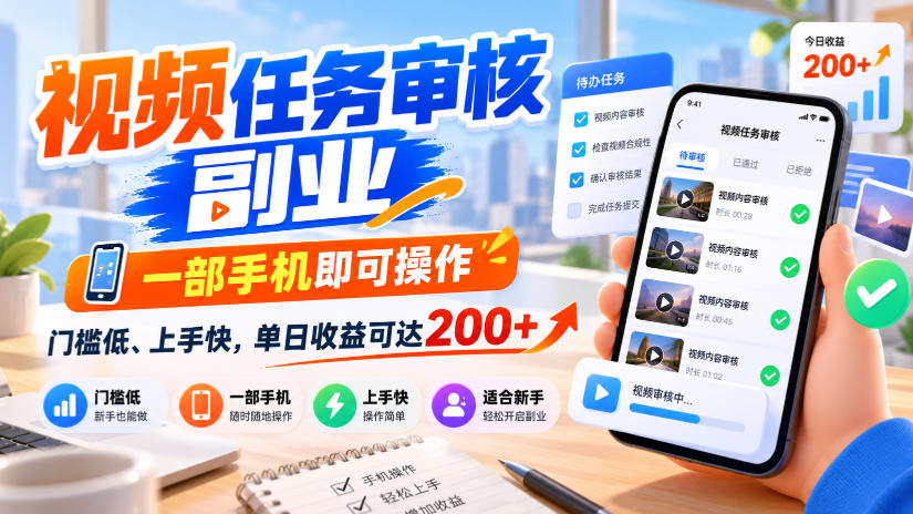 视频任务审核副业，一部手机即可操作，门槛低、上手快，单日收益可达200+【揭秘】-红果网创