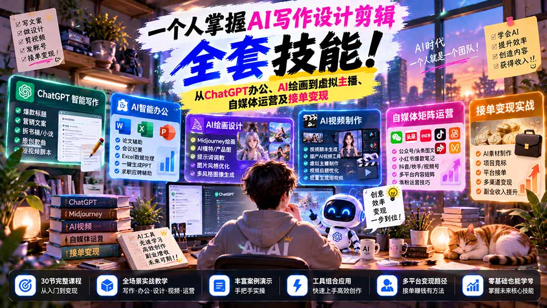 一个人掌握AI写作设计剪辑全套技能：从ChatGPT办公、AI绘画到虚拟主播、自媒体运营及接单变现-阿灿学库