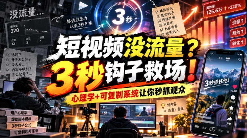【无水印】短视频没流量？3秒钩子救场！心理学+可复制系统让你秒抓观众【原创双语字幕】-阿灿学库