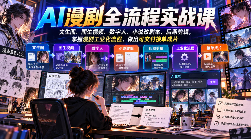 AI漫剧全流程实战课，文生图、图生视频、数字人、小说改剧本、后期剪辑，掌握漫剧工业化流程，做出可交付接单成片-阿灿学库
