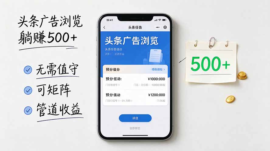 头条广告浏览躺赚500+无需值守,可矩阵并附有管道收益-阿灿学库