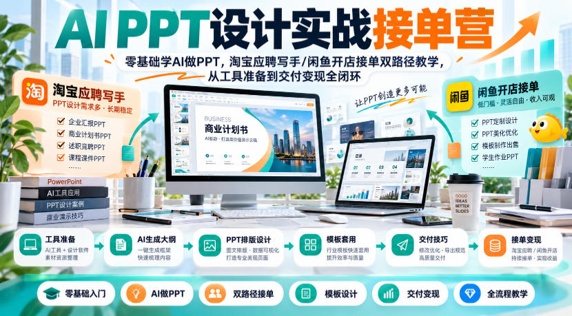 AI PPT设计实战接单营｜零基础学AI做PPT，淘宝应聘写手/闲鱼开店接单双路径教学，从工具准备到交付变现全闭环-阿灿学库