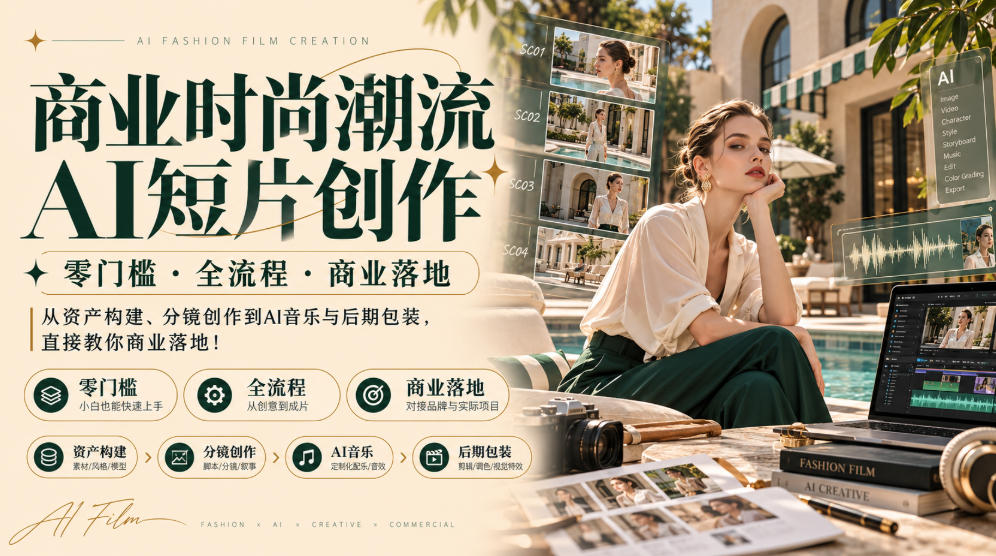 商业时尚潮流AI短片创作｜零门槛・全流程・商业落地，从资产构建、分镜创作到AI音乐与后期包装，直接教你商业落地！-阿灿学库