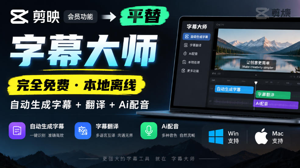 剪映会员功能平替,字幕大师完全免费本地离线,支持自动生成字幕+翻译+Ai配音,Win和Mac都支持!-阿灿学库