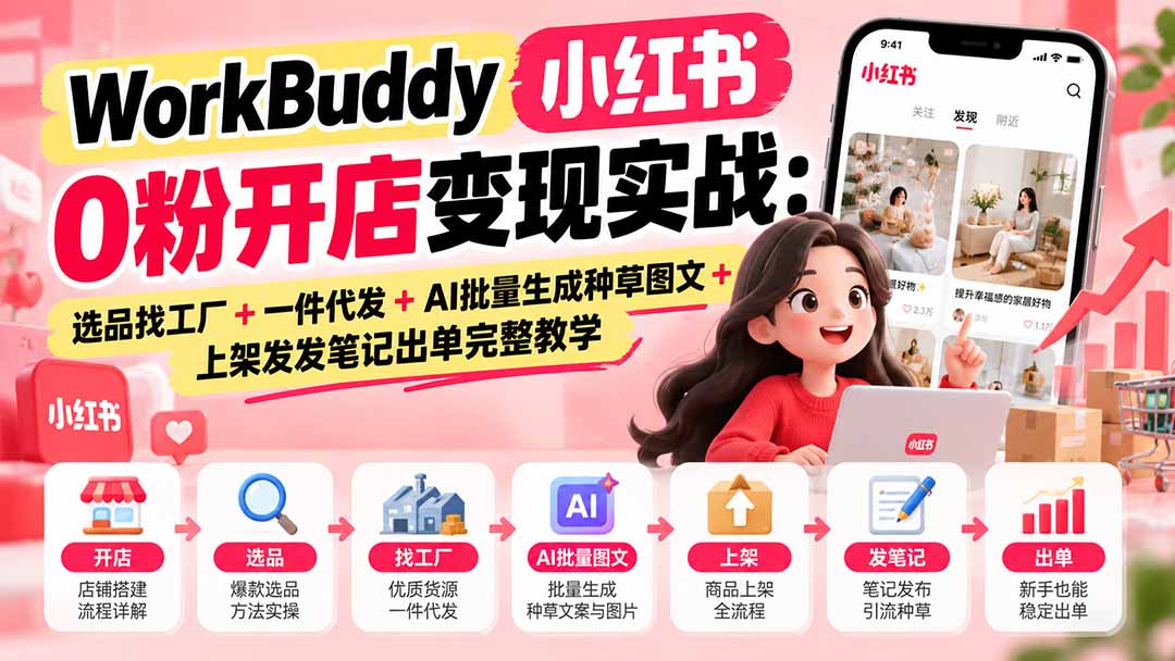 WorkBuddy小红书0粉开店变现实战：选品找工厂+一件代发+AI批量生成种草图文+上架发发笔记出单完整教学-吾图资源网