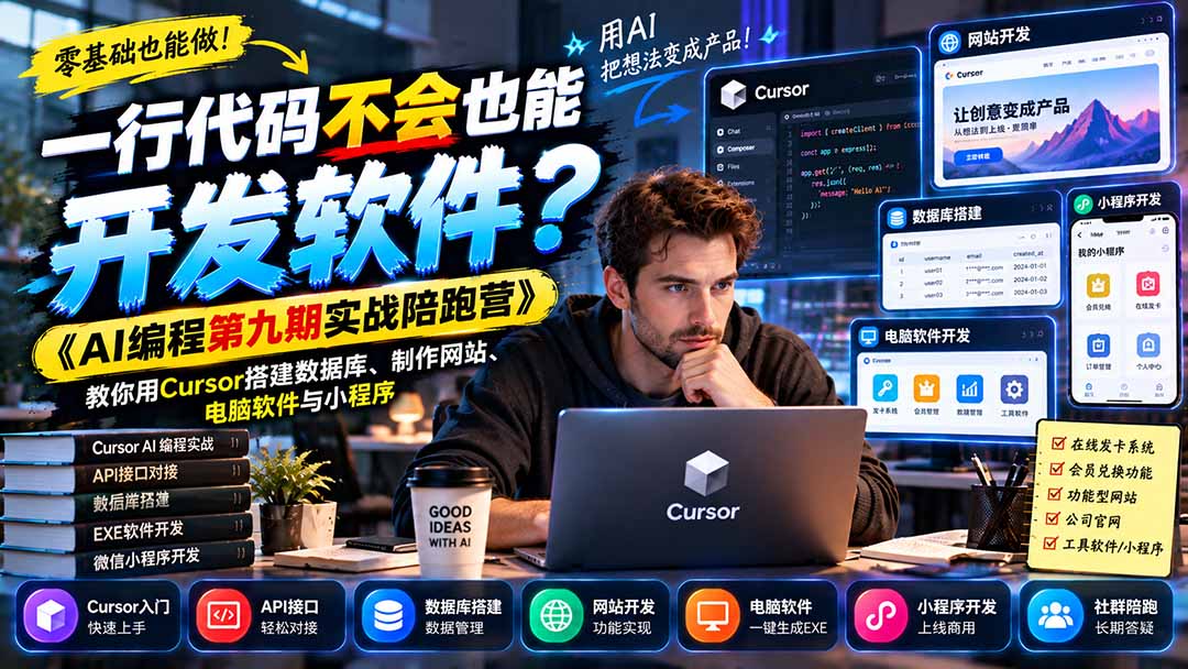 一行代码不会也能开发软件？《AI编程第九期实战陪跑营》教你用Cursor搭建数据库、制作网站、电脑软件与小程序-阿灿学库