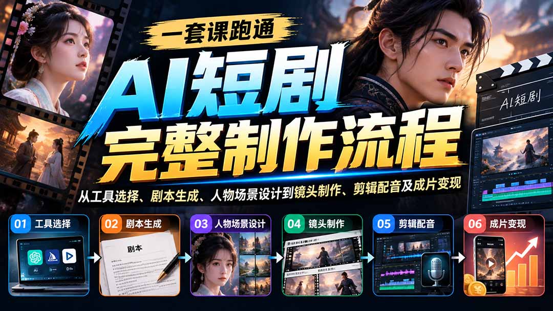 一套课跑通AI短剧完整制作流程：从工具选择、剧本生成、人物场景设计到镜头制作、剪辑配音及成片变现-吾图资源网