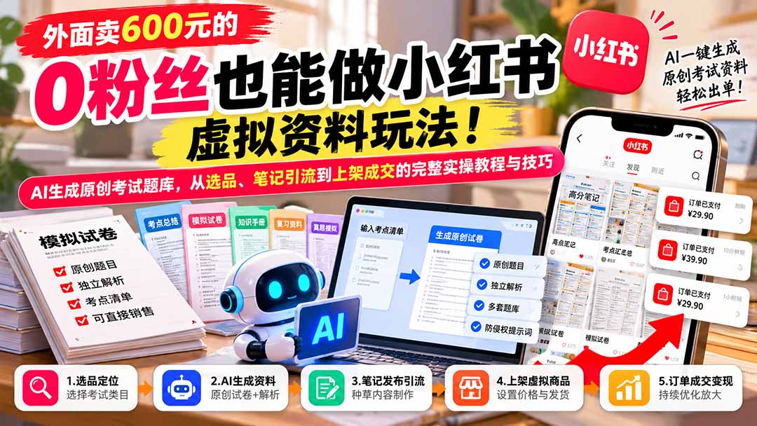 外面卖600元的 零粉丝也能做小红书虚拟资料玩法！AI生成原创考试题库，从选品、笔记引流到上架成交的完整实操教程-阿灿学库