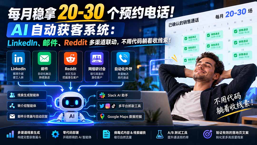 每月稳拿 20-30 个预约电话！AI 自动获客系统：LinkedIn、邮件、Reddit 多渠道联动，不用代码躺着收线索-红果网创