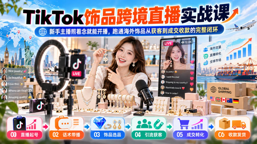 TikTok饰品跨境直播实战课,新手主播照着念就能开播,跑通海外饰品从获客到成交收款的完整闭环-阿灿学库