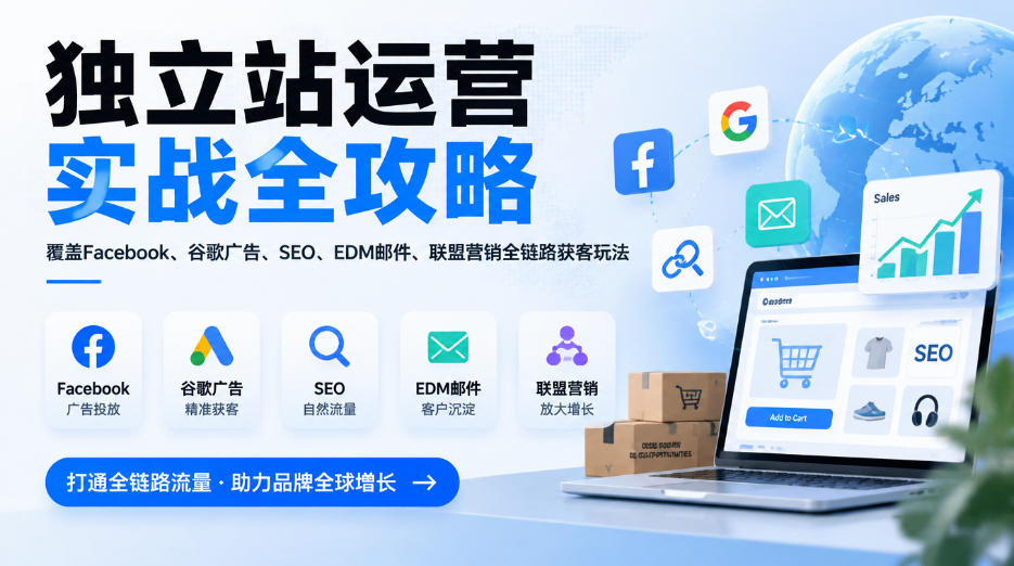 独立站运营实战全攻略,覆盖Facebook、谷歌广告、SEO、EDM邮件、联盟营销全链路获客玩法(更新2026)-阿灿学库